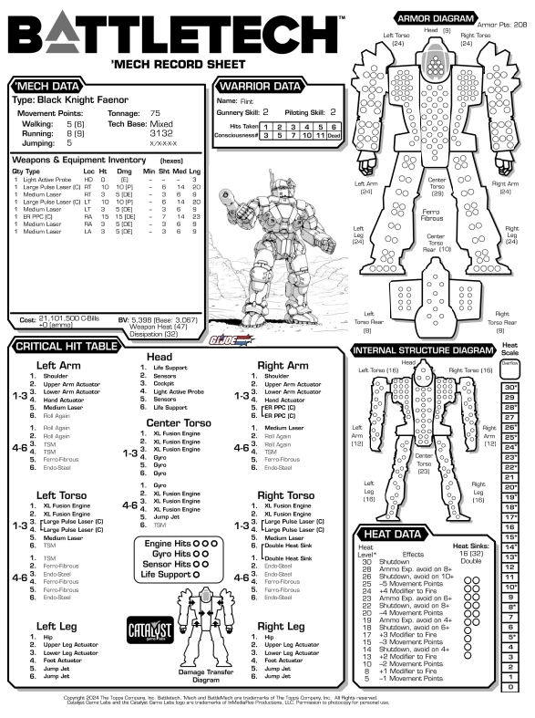 Black Knight Faenor Record Sheet