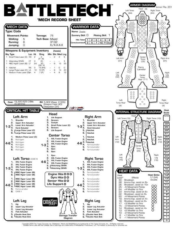 Coda Battlemech record sheet