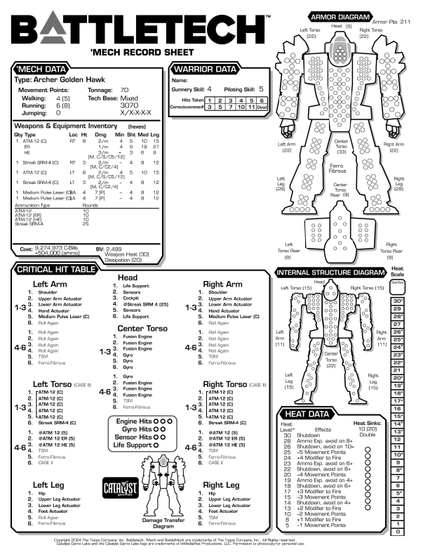 Archer Golden Hawk Record Sheet